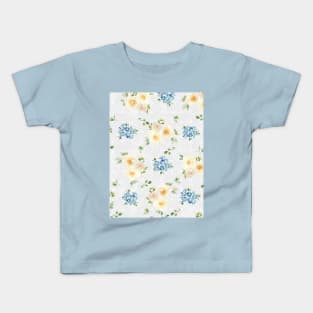 White Roses Blue Forget Me Nots Polka Dots on Grey Abstract Floral Kids T-Shirt